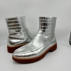 Fitflop Kinbey Croc Embossed Ankle Metallic Silver Boot Shoes Womens Size 6
